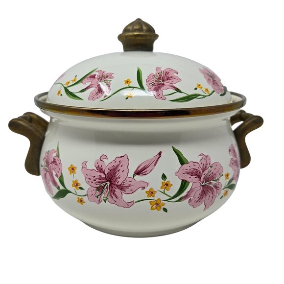Normandy Taiwan Vintage Lily Floral Enamelware Soup Tureen Pot With Lid & Brass - Picture 1 of 10
